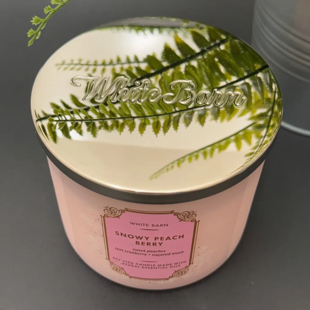 BBW Snowy Peach Berry White Barn Bath & Body Works 3 Wick Candle - Picture 4 of 10